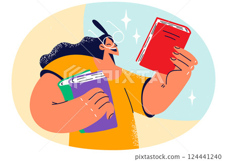 Smiling girl in glasses holding books 124441240