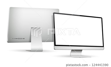 Realistic computer screen front and back view Realistic computer screen front and back view 124441390