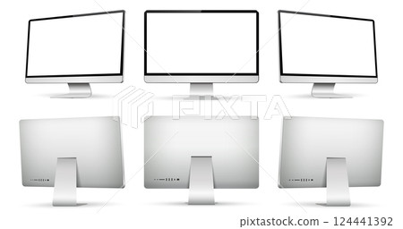 Realistic computer screen on three sides front and back view Realistic computer screen on three sides front and back view 124441392