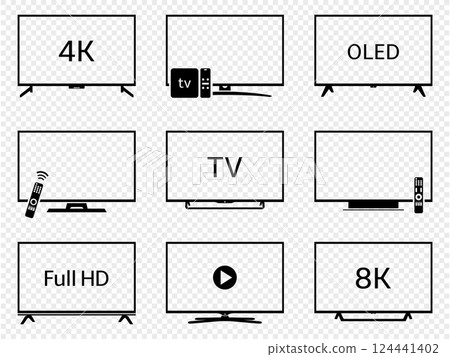 TV icons set. Contains such icons as 4K, Full HD, OLED, 8K. Modern smart tv silhouettes isolated on transparent background. 124441402