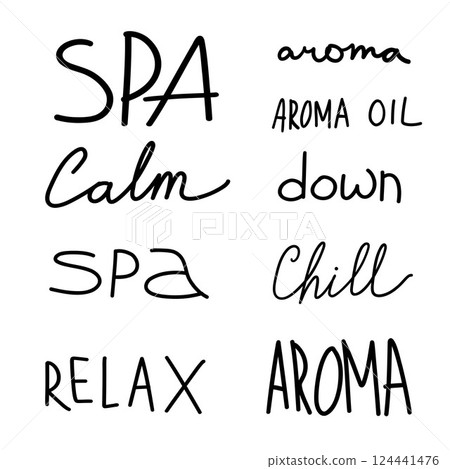 Spa and aroma handwritten words for typography-focused wellness projects, holistic visuals, candle branding, or meditative print materials 124441476