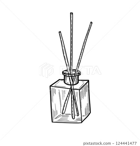 Minimal reed diffuser in bottle sketch, great for spa branding, fragrance icons, home scent packaging, and slow living product visuals Minimal reed diffuser in bottle sketch, great for spa branding, fragrance icons, home scent packaging, and slow living product visuals 124441477