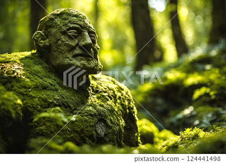 Mossy stone statue in nature 124441498