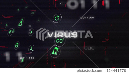 Image of eco icons and data processing over virus text on black background 124441778