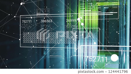 Image of data processing and shapes over server room Image of data processing and shapes over server room 124441796