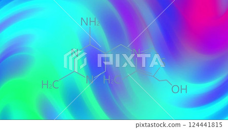 Chemical structure of molecule over colorful, swirling image background 124441815