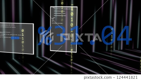Percentage and code image over digital data stream background 124441821