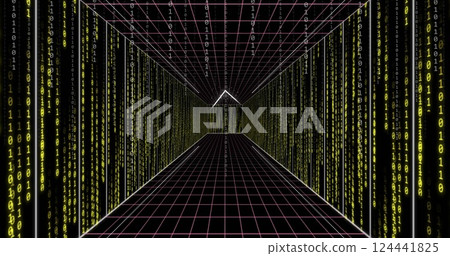 Digital tunnel with green binary code and grid lines, image of data flow Digital tunnel with green binary code and grid lines, image of data flow 124441825
