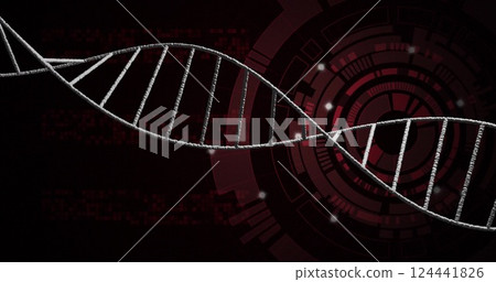 DNA strand over red and black digital interface, scientific data processing 124441826