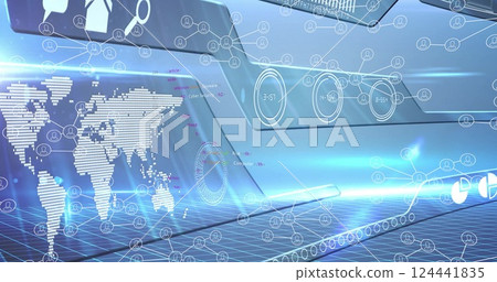 Digital world map and data processing image over futuristic interface 124441835