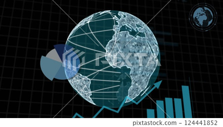 Globe with network connections and financial data image over grid background Globe with network connections and financial data image over grid background 124441852