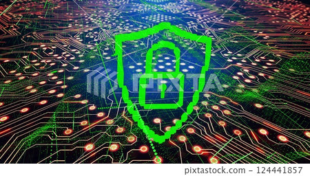 Green lock and shield image over circuit board background Green lock and shield image over circuit board background 124441857
