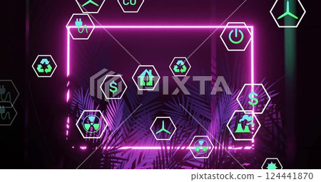 Environmental icons image over neon frame and tropical plants Environmental icons image over neon frame and tropical plants 124441870