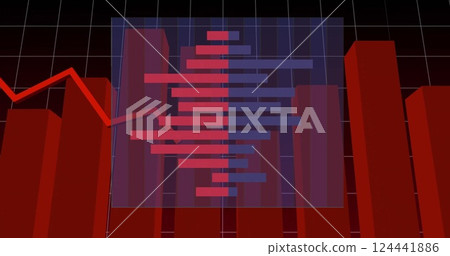 Red bar chart and fluctuating line graph image over grid background 124441886
