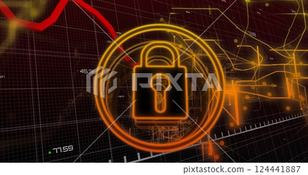 Lock and key security image over financial data and graphs 124441887