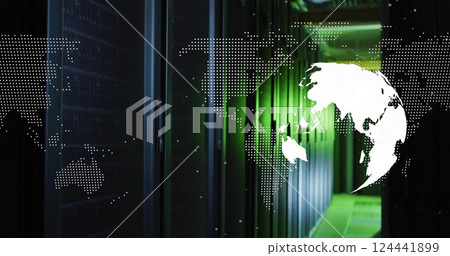 World map image over data servers in dimly lit server room World map image over data servers in dimly lit server room 124441899