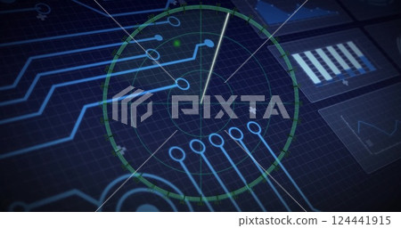Radar image with digital circuits and data processing over blue grid background 124441915
