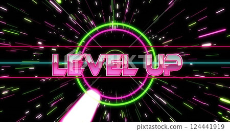 Level up text image over neon green and pink radial lines Level up text image over neon green and pink radial lines 124441919