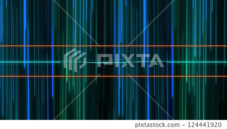 Vertical neon lines and orange horizontal lines, digital image background 124441920
