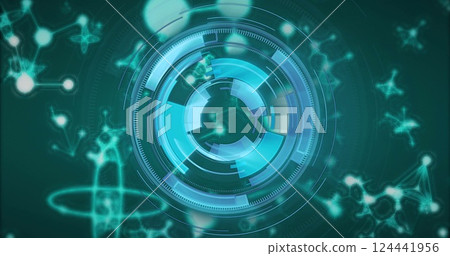 Futuristic circular interface image over molecular structure background Futuristic circular interface image over molecular structure background 124441956