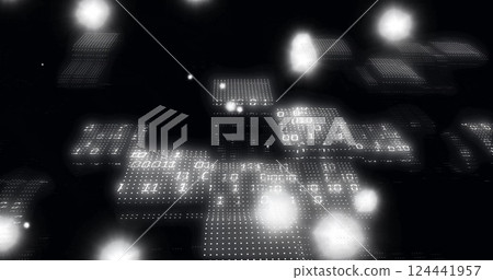 Digital data processing image over glowing circuit boards in dark background 124441957