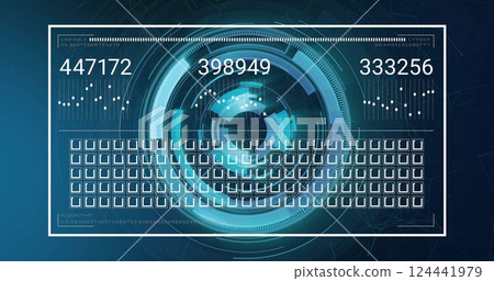Digital security code image over futuristic interface with numbers and checkboxes Digital security code image over futuristic interface with numbers and checkboxes 124441979