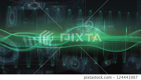 Green waveforms and digital data processing image over futuristic interface Green waveforms and digital data processing image over futuristic interface 124441987