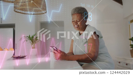 Image of cardiograph over senior african american woman using smartphone Image of cardiograph over senior african american woman using smartphone 124442029