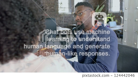 Image of artificial intelligence data processing over diverse business people in office 124442046