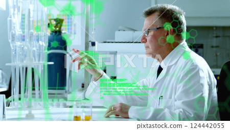 Image of scientific data processing over caucasian male scientist in laboratory 124442055