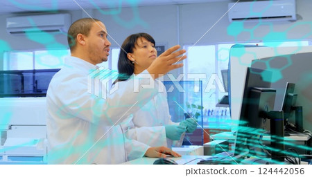 Image of scientific data processing over diverse scientists in laboratory 124442056