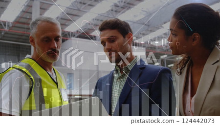 Image of data processing and diagrams over diverse business people using tablet 124442073