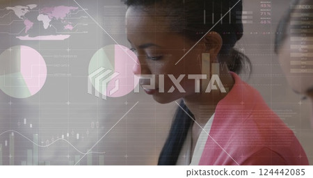 Image of data processing and diagrams over biracial businesswoman 124442085