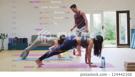 Image of data processing over diverse sports people exercising with coach 124442108