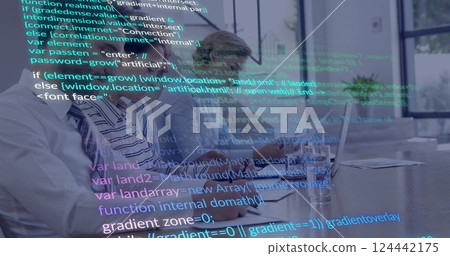 Image of digital data processing over diverse business people in office 124442175