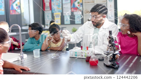 Scientist explaining chemical reactions to children over molecular structure image 124442206