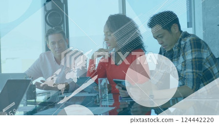 Image of financial data processing over diverse business people in office Image of financial data processing over diverse business people in office 124442220