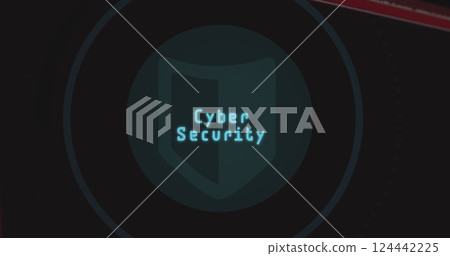 Image of shield icon and cyber security text over black background Image of shield icon and cyber security text over black background 124442225