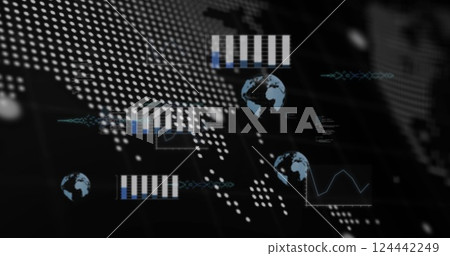 Image of data processing with globe and world map on black background Image of data processing with globe and world map on black background 124442249