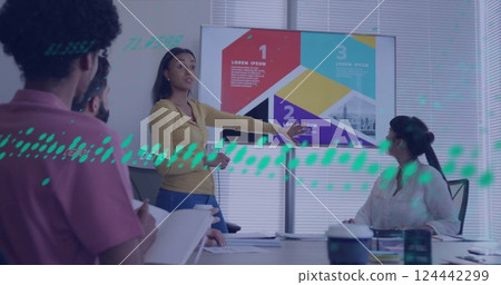 Image of digital data processing over diverse business people in office 124442299