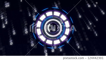 Image of binary coding data processing over scope scanning on black background Image of binary coding data processing over scope scanning on black background 124442301