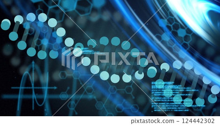 Image of dna strand, digital data processing over scope scanning on black background Image of dna strand, digital data processing over scope scanning on black background 124442302