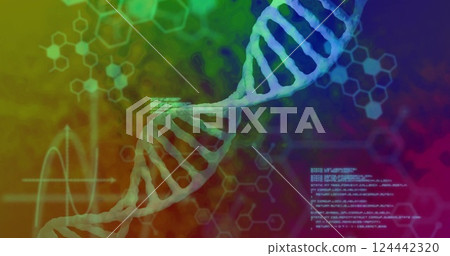 Image of dna strand over data processing 124442320