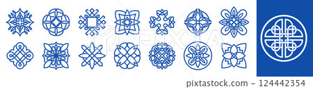 Celtic knot logo. Scottish, Irish pattern frame. Symbol Viking. Traditional square tattoo ornament. Book design. Geometric style. Logotype minimal design. Nordic pictogram. Vector line garish shape 124442354