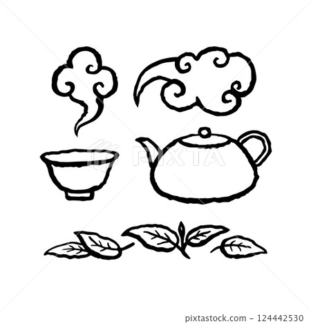 Asian tea set. Teapot and bowl, swirling clouds of steam and tea leaves. Ink hand drawn line vector illustration on white background. Asian tea set. Teapot and bowl, swirling clouds of steam and tea leaves. Ink hand drawn line vector illustration on white background. 124442530