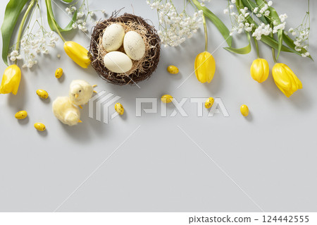 Easter frame with pastel chocolate eggs, tulip flowers, gypsophila and chick on light gray background. View from above. Flat lay. Happy Easter greeting card. Copy space. Easter frame with pastel chocolate eggs, tulip flowers, gypsophila and chick on light gray background. View from above. Flat lay. Happy Easter greeting card. Copy space. 124442555