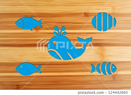 木板上的鯨魚和魚設計插圖 木板上的鯨魚和魚設計插圖 124442665
