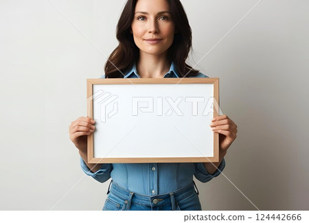 A beautiful woman holding up a blank panel 124442666