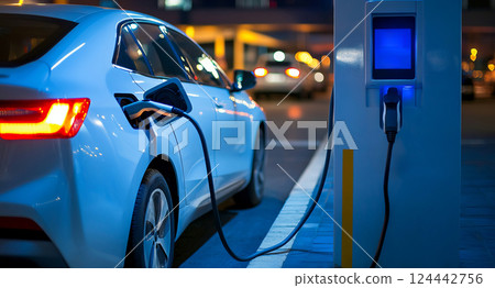 Electric Vehicle Charging Station at Night with Car Plugged in for Efficient Power Supply 124442756
