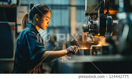 Mechanic Assembling Machine Parts in Factory Environment with Sparks Flying from Equipment Mechanic Assembling Machine Parts in Factory Environment with Sparks Flying from Equipment 124442775